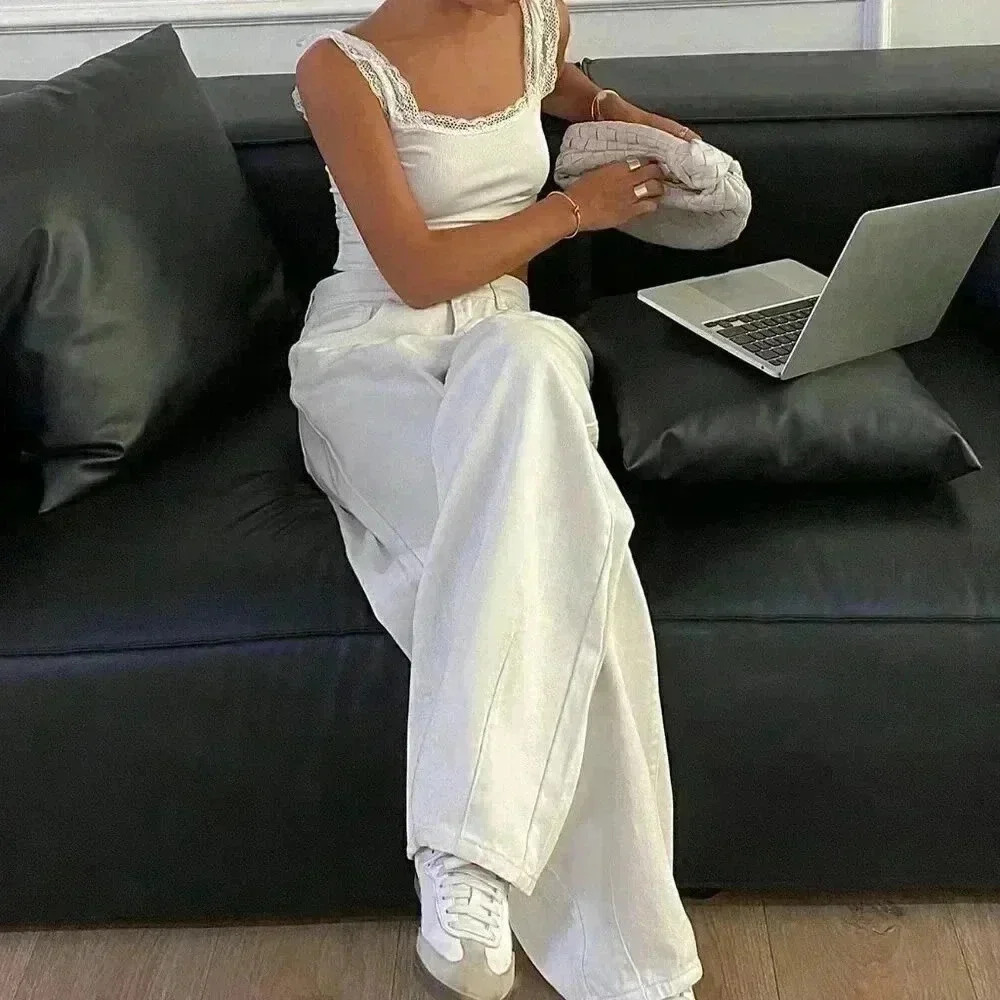 White Casual Women's Solid Color Loose Denim Pants